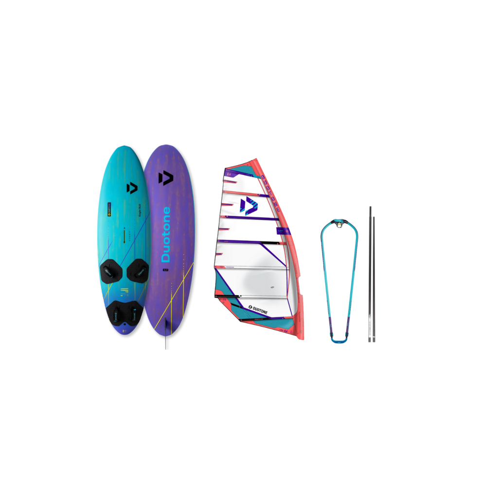 matériel de winsurf composé d'une planche, uen voile, un wishbone et un mat