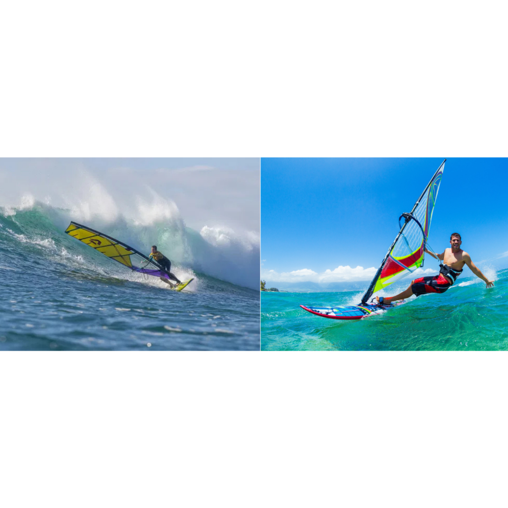 pratiquants de planche a voile sur l'eau dans les vague et sur le plat dans un lagon